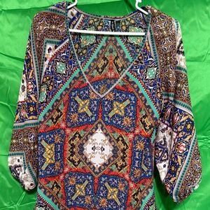 Boho Chic Multicolor Geometric Print Blouse